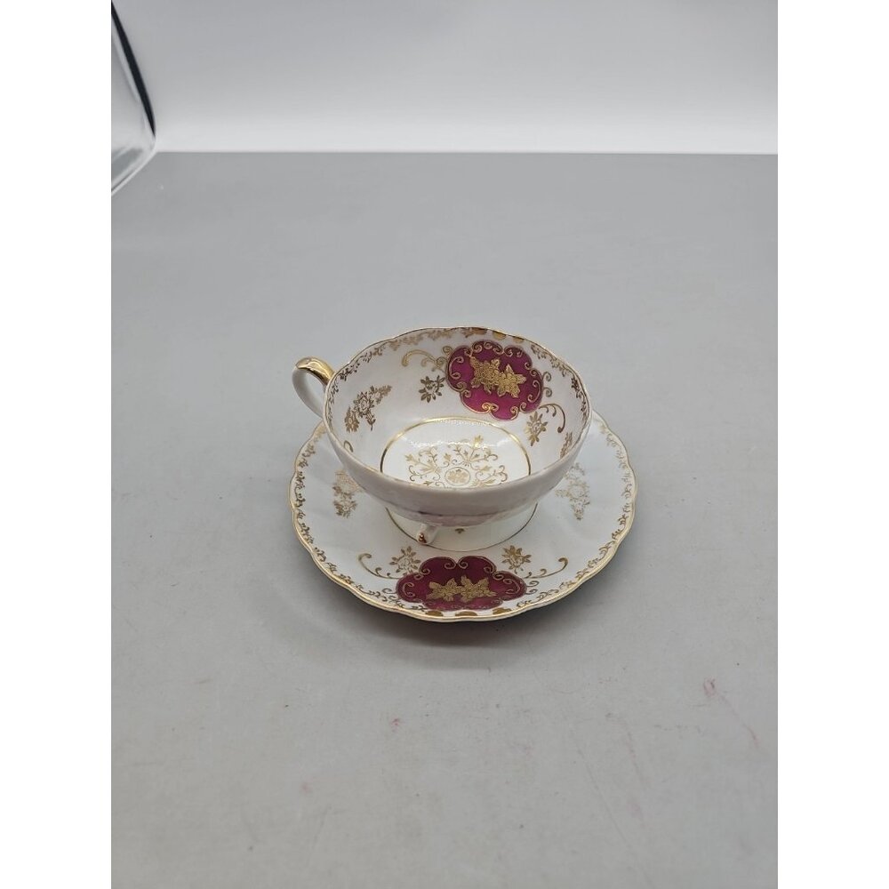 Vintage Footed Teacup & Saucer Burgundy‎ Enamels &Floral Gold Scroll Royal Sealy